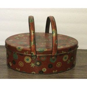 Vintage Tan/Red Oval Lunch Box Pail Floral Metal Tin 11”x 8-1/2”